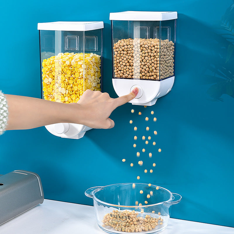 Wall-mounted cereal and dry food storage dispenser with easy press design for convenient kitchen organization depiction of use