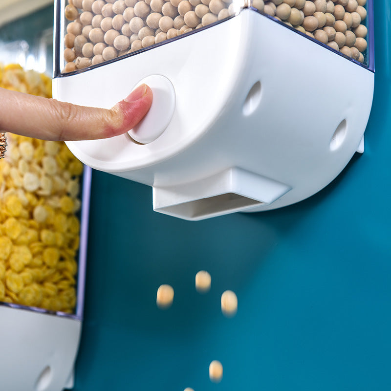 Wall-mounted cereal and dry food storage dispenser with easy press design for convenient kitchen organization depiction of press