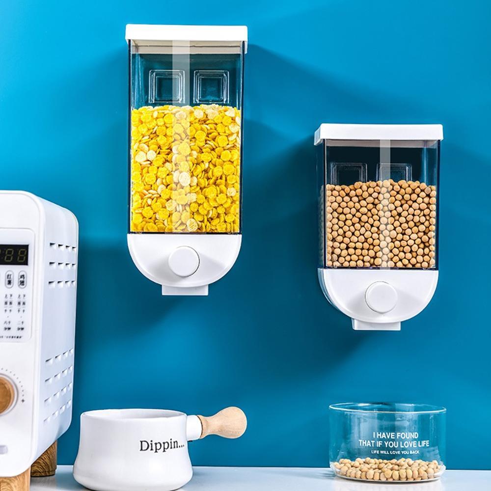 Wall-mounted cereal and dry food storage dispenser with easy press design for convenient kitchen organization product shot