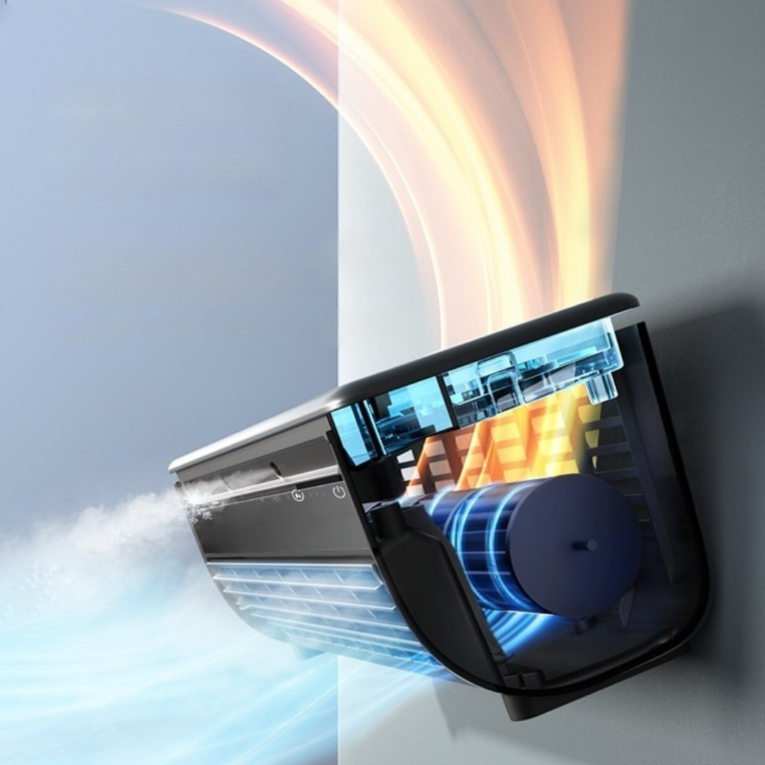 Wall-mounted rechargeable air cooling fan with remote control for convenient home cooling depiction of mechanism