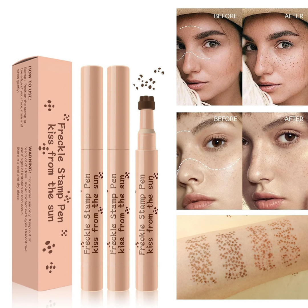 Waterproof freckle pen with fine tip for natural looking sun kissed freckles depiction of before and after use