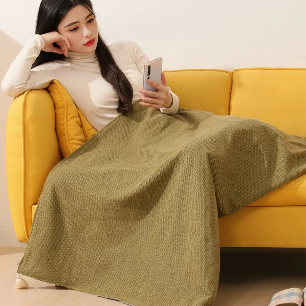 Wearable heated blanket with usb power and multiple heat settings for warmth and comfort alternate model shot