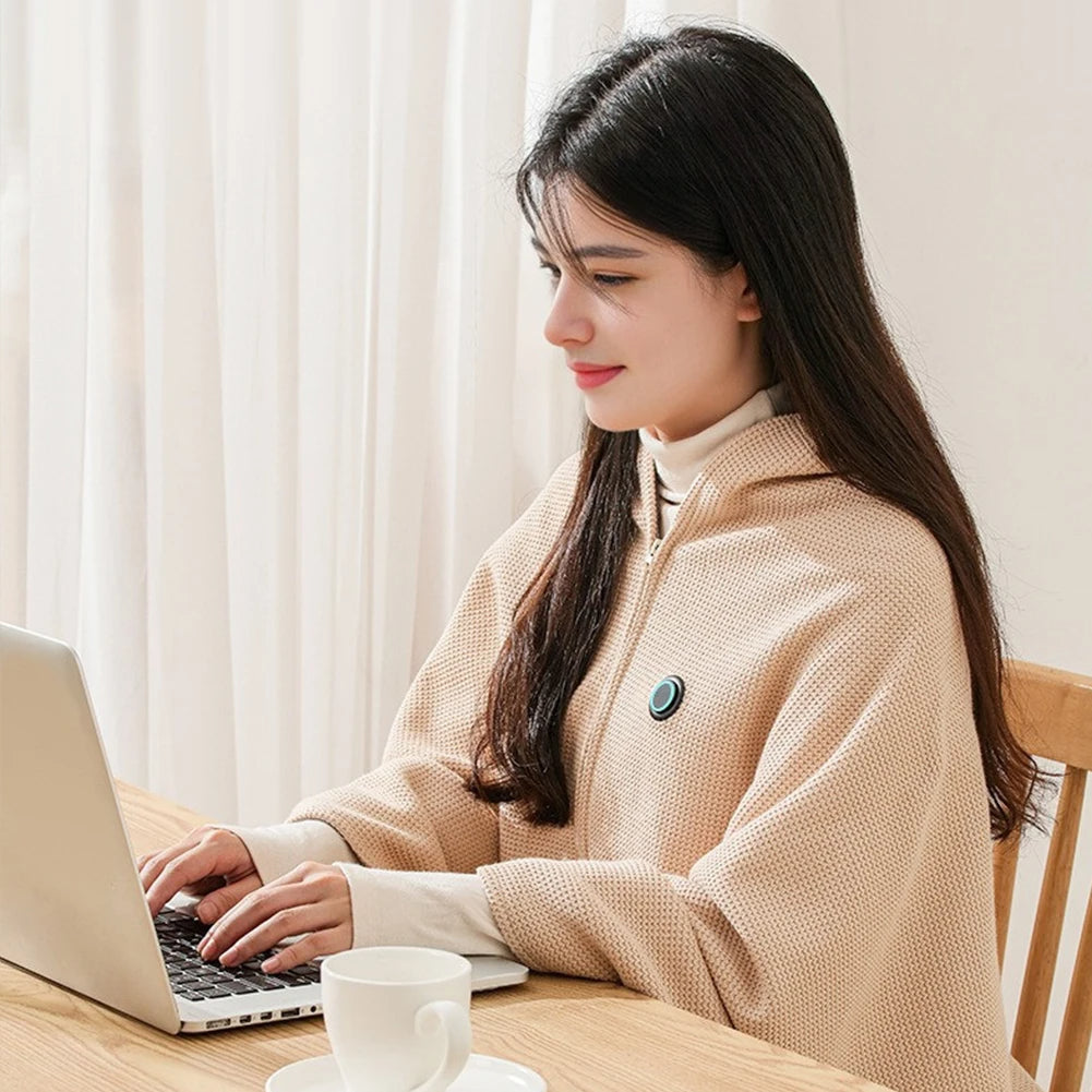 Wearable heated blanket with usb power and multiple heat settings for warmth and comfort model shot