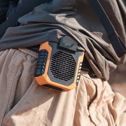 Wearable and portable cooling fan with rechargeable battery adjustable speeds and hands free design depiction of clipping on