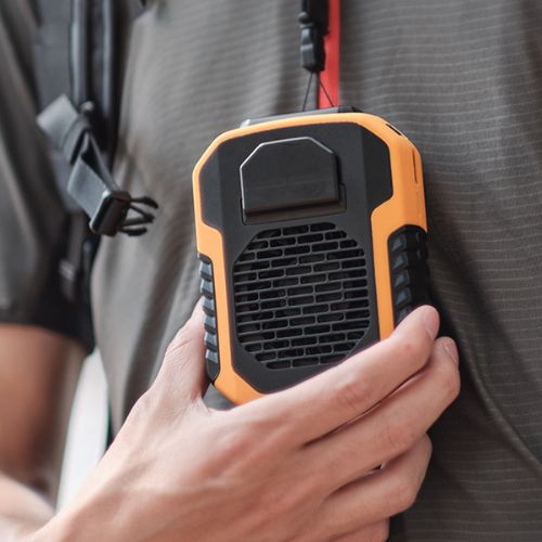 Wearable and portable cooling fan with rechargeable battery adjustable speeds and hands free design depiction of use with hanging lanyard
