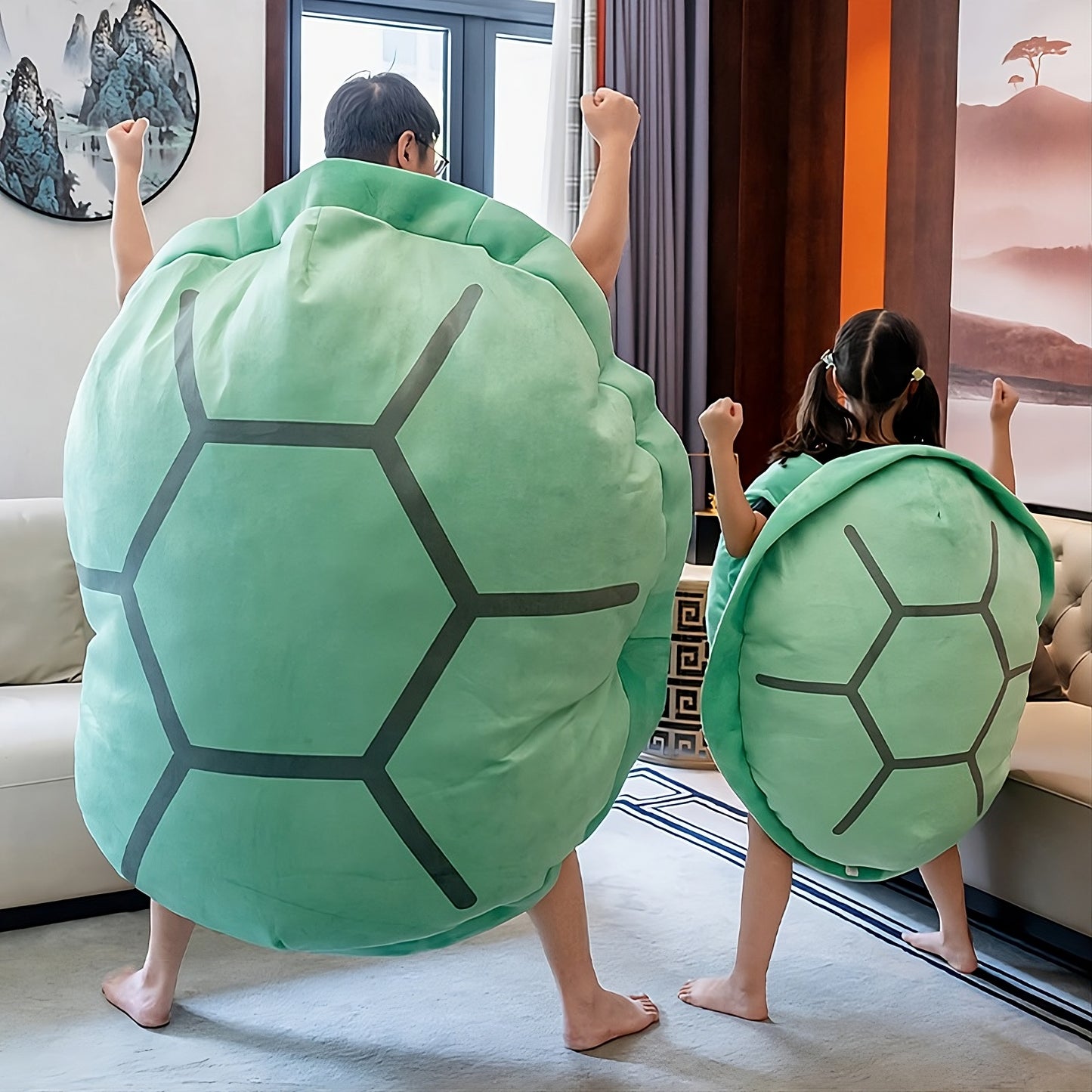 Wearable turtle shell pillow with soft plush filling for cozy lounging and playful comfort duo