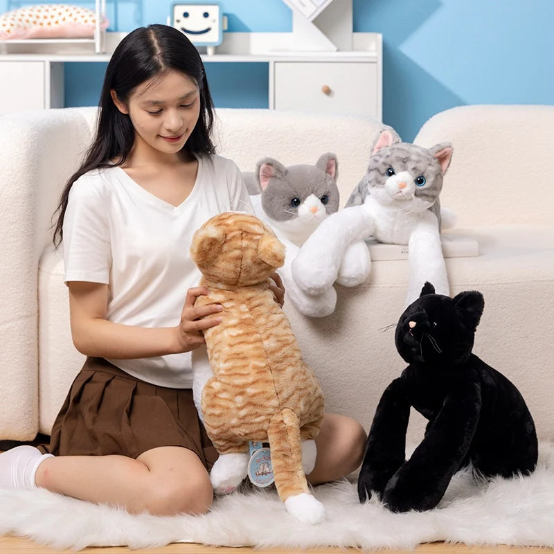 Weighted cat plush toy designed for calming comfort and cozy hugging alternate duo depiction of play