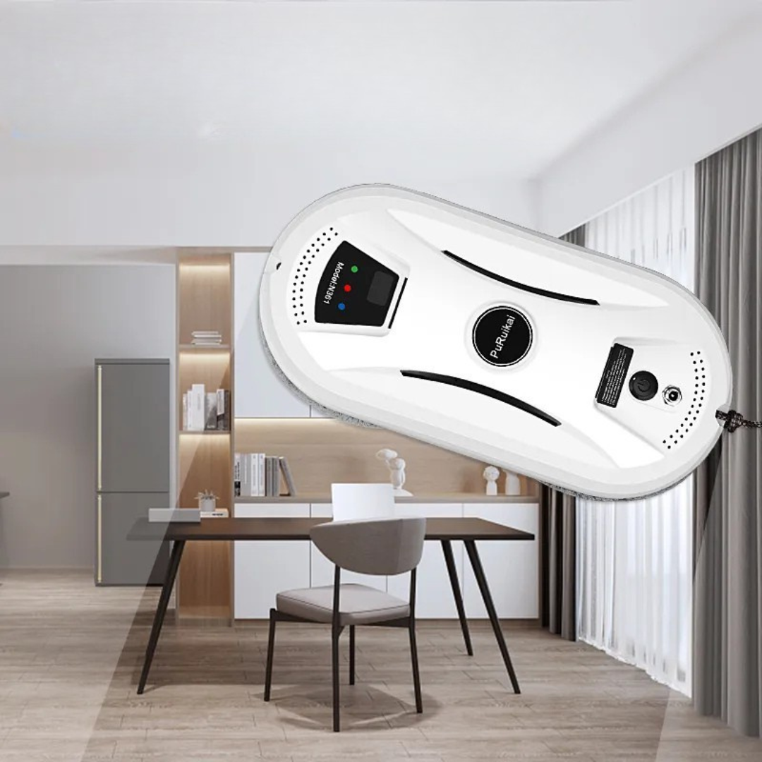 Robotic window cleaner with automatic suction technology for hands free glass cleaning depiction of cleaning