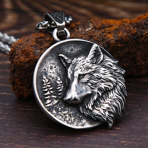 Wolf head pendant necklace in steel color with detailed metal design and unisex statement styling (Color: Steel)