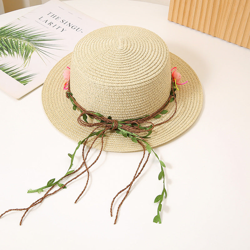 Women’s flat top straw sun hat with wide brim in beige color and breathable design for beach and summer wear (Color: Beige)