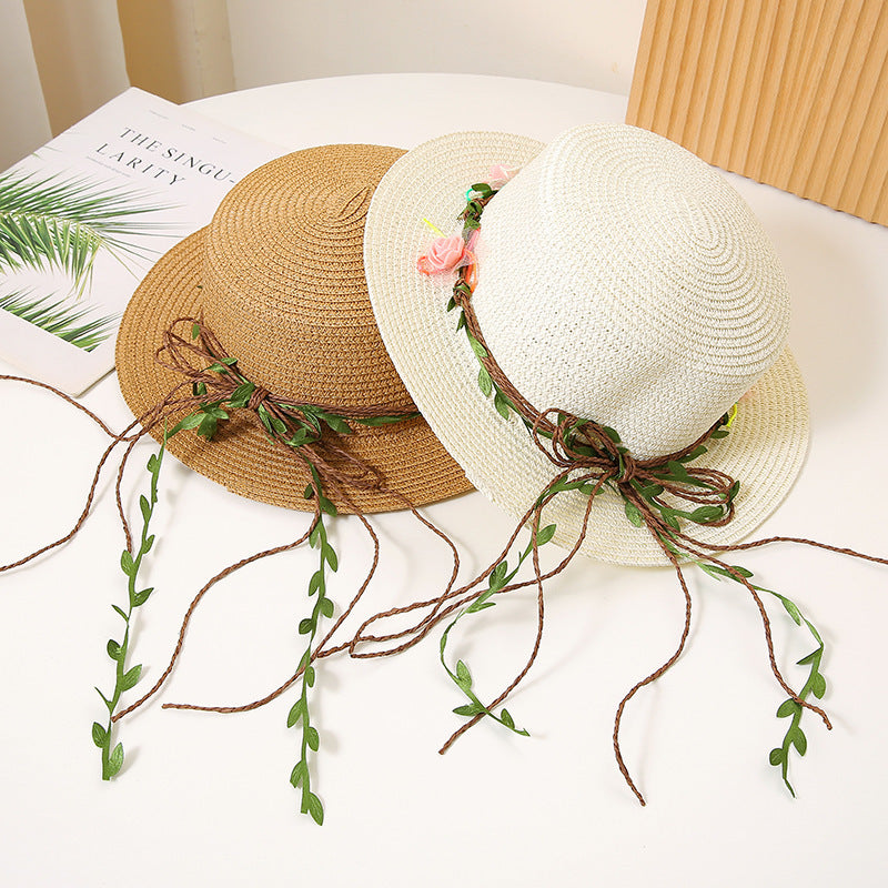 Women’s flat top straw sun hat with wide brim and breathable design for beach and summer wear duo