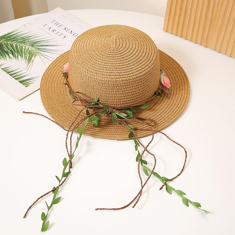 Women’s flat top straw sun hat with wide brim in khaki color and breathable design for beach and summer wear (Color: Khaki)