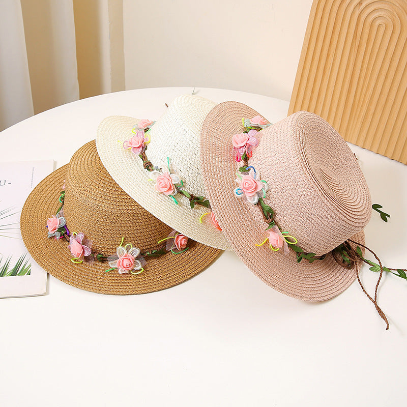Women’s flat top straw sun hat with wide brim and breathable design for beach and summer wear trio