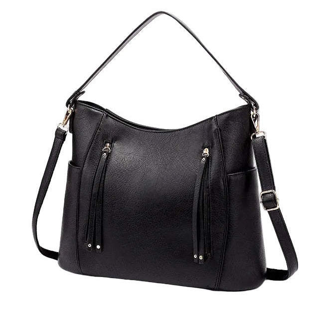 Women’s large capacity shoulder bag in black color with soft leather look and multiple compartments for everyday use (Color: Black)