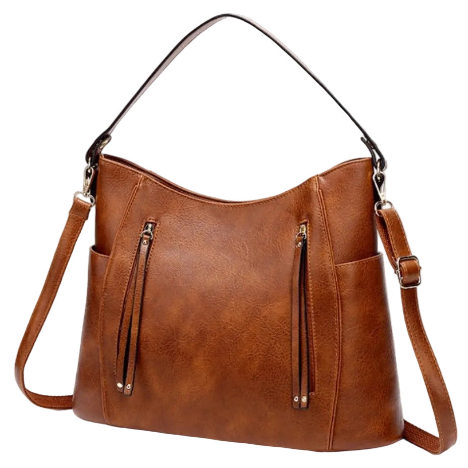 Women’s large capacity shoulder bag in brown color with soft leather look and multiple compartments for everyday use (Color: Brown)