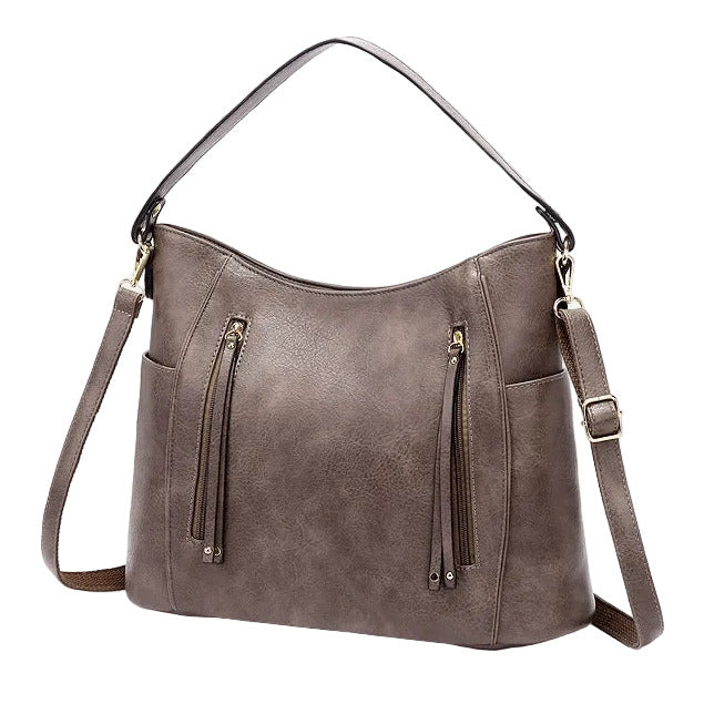 Women’s large capacity shoulder bag in gray color with soft leather look and multiple compartments for everyday use (Color: Gray)