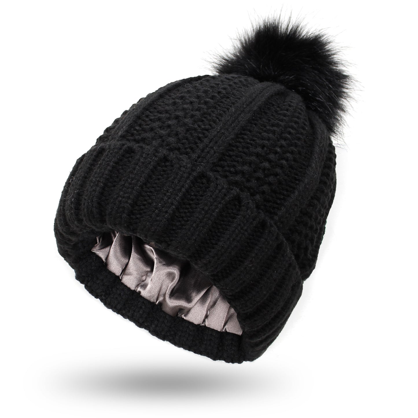 Women’s satin-lined knit beanie in black color with faux fur pom pom designed to keep hair protected and warm in winter (Color: Black)