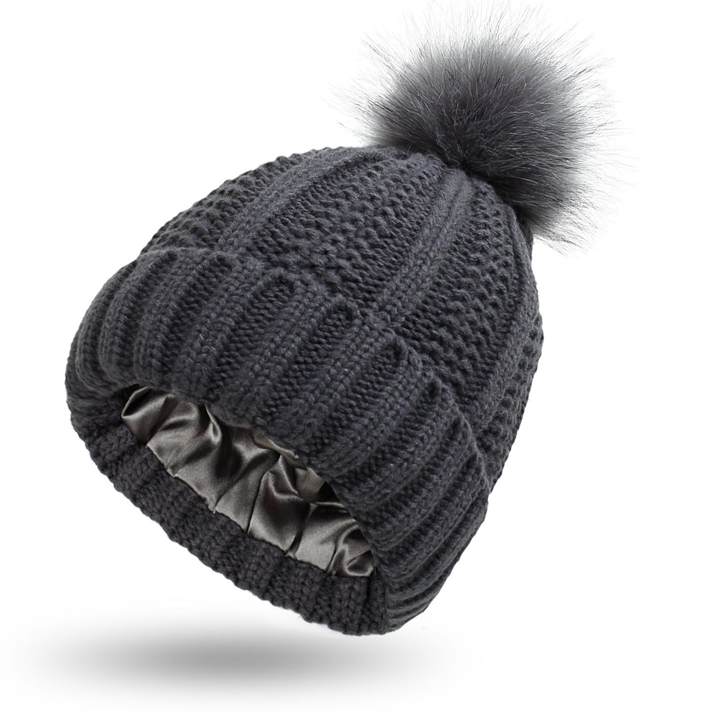 Women’s satin-lined knit beanie in dark gray color with faux fur pom pom designed to keep hair protected and warm in winter (Color: Dark Gray)