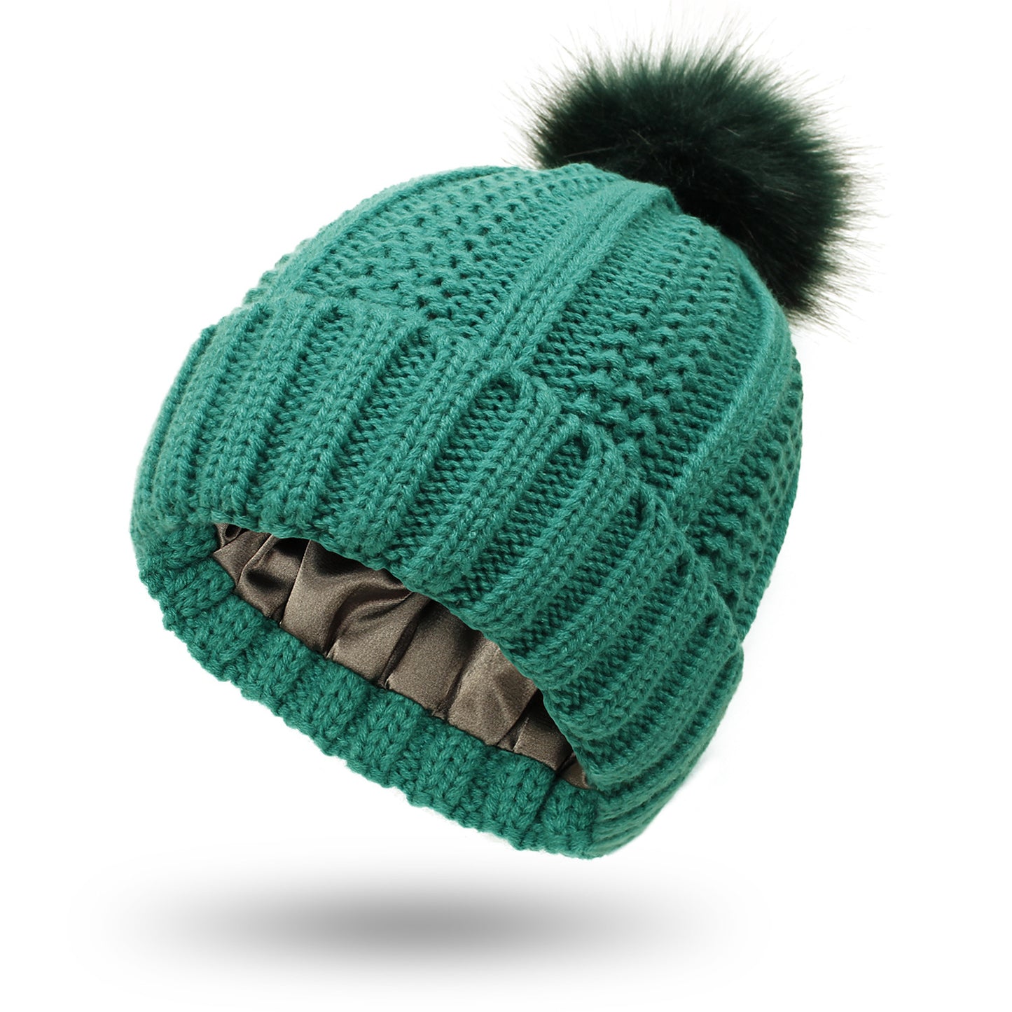 Women’s satin-lined knit beanie in green color with faux fur pom pom designed to keep hair protected and warm in winter (Color: Green)