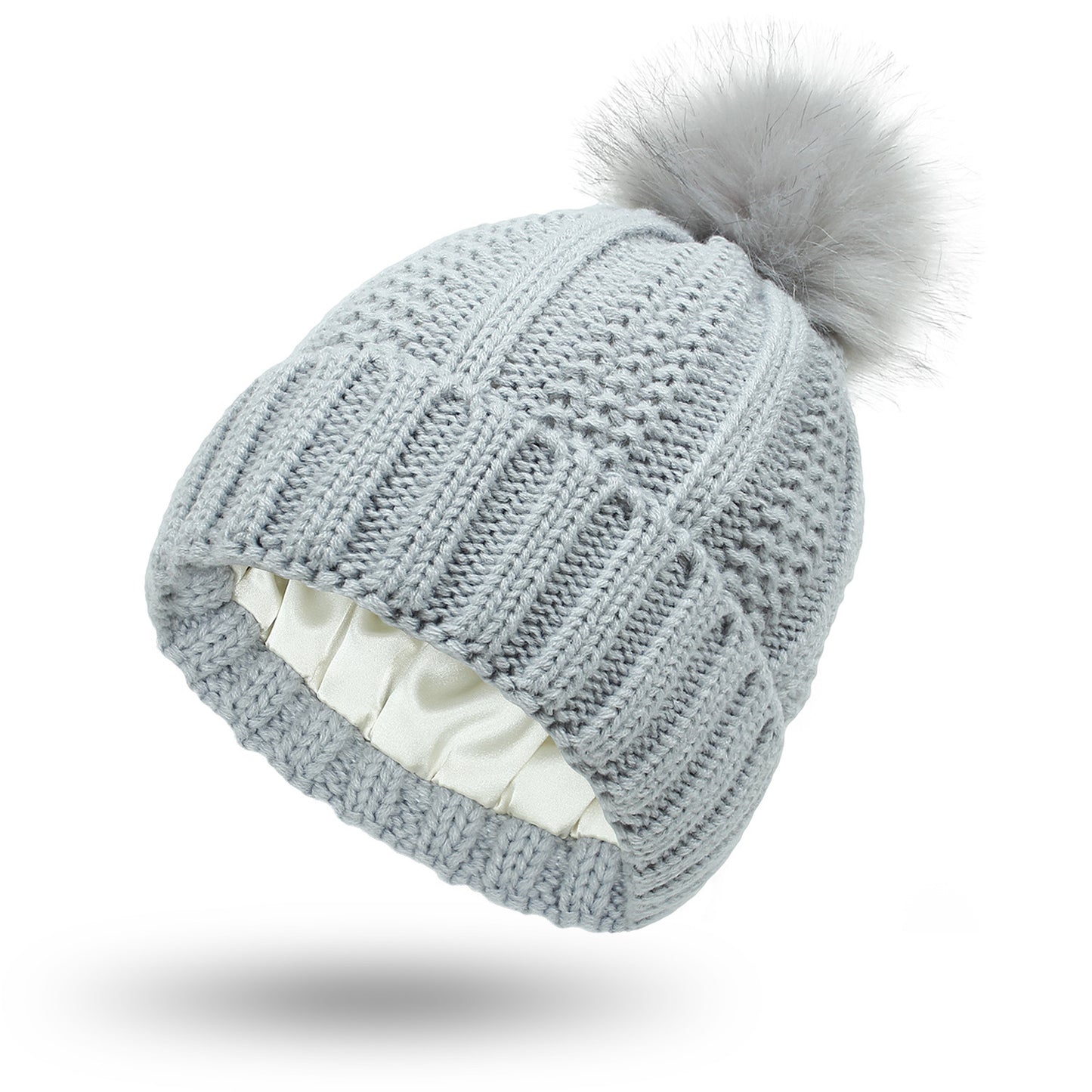 Women’s satin-lined knit beanie in light gray color with faux fur pom pom designed to keep hair protected and warm in winter (Color: Light Gray)