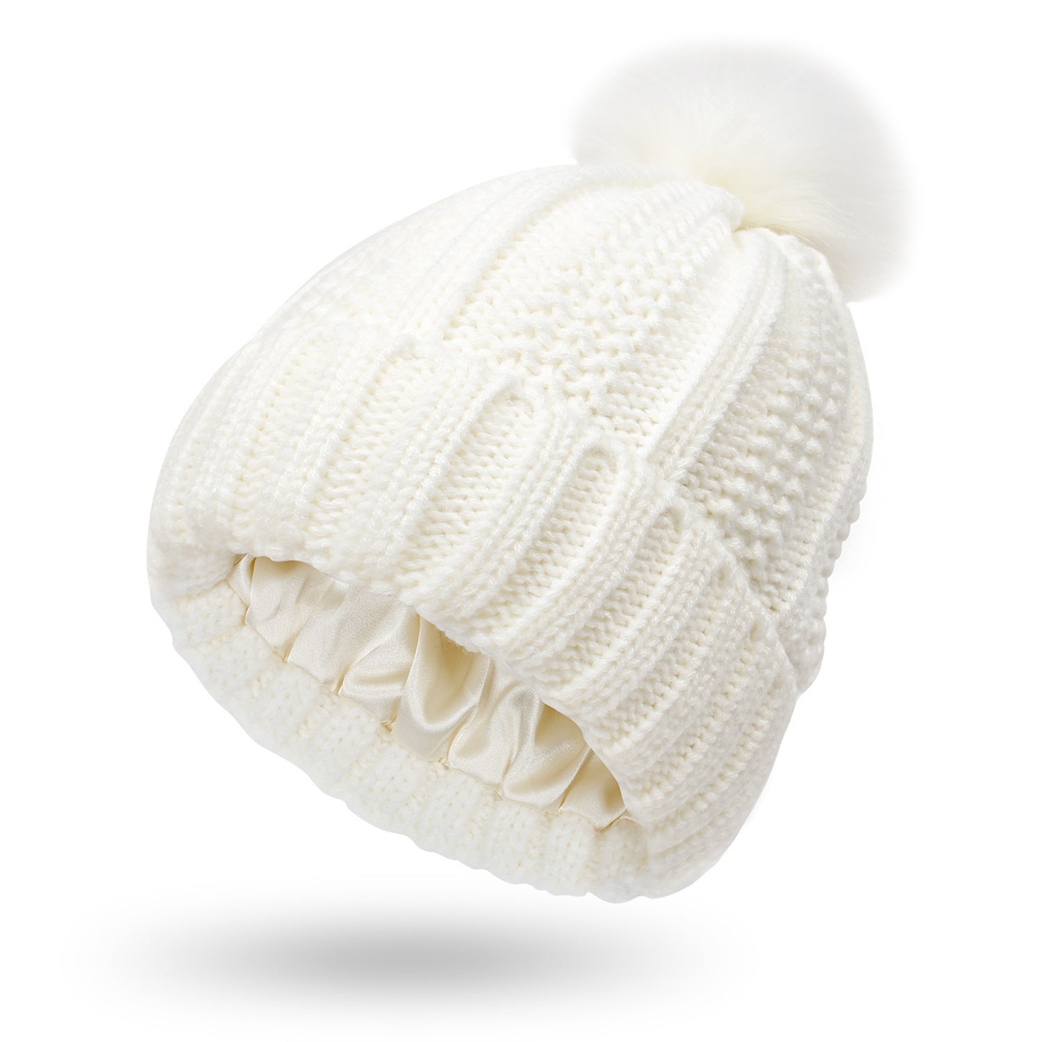 Women’s satin-lined knit beanie in white color with faux fur pom pom designed to keep hair protected and warm in winter (Color: White)