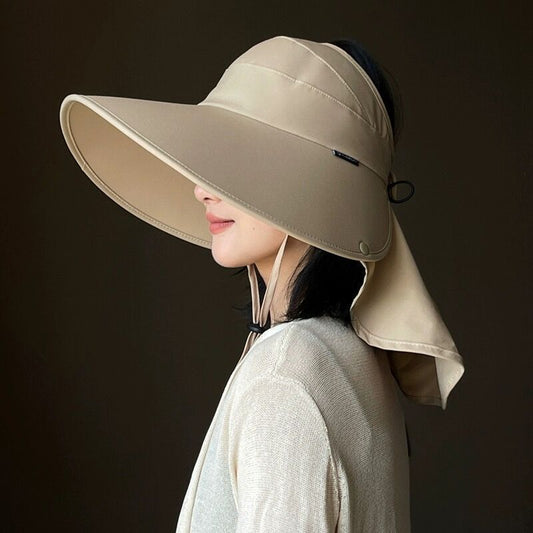 Women’s wide brim sun hat in khaki color with full face coverage and UV protection for outdoor summer wear (Color: Khaki)