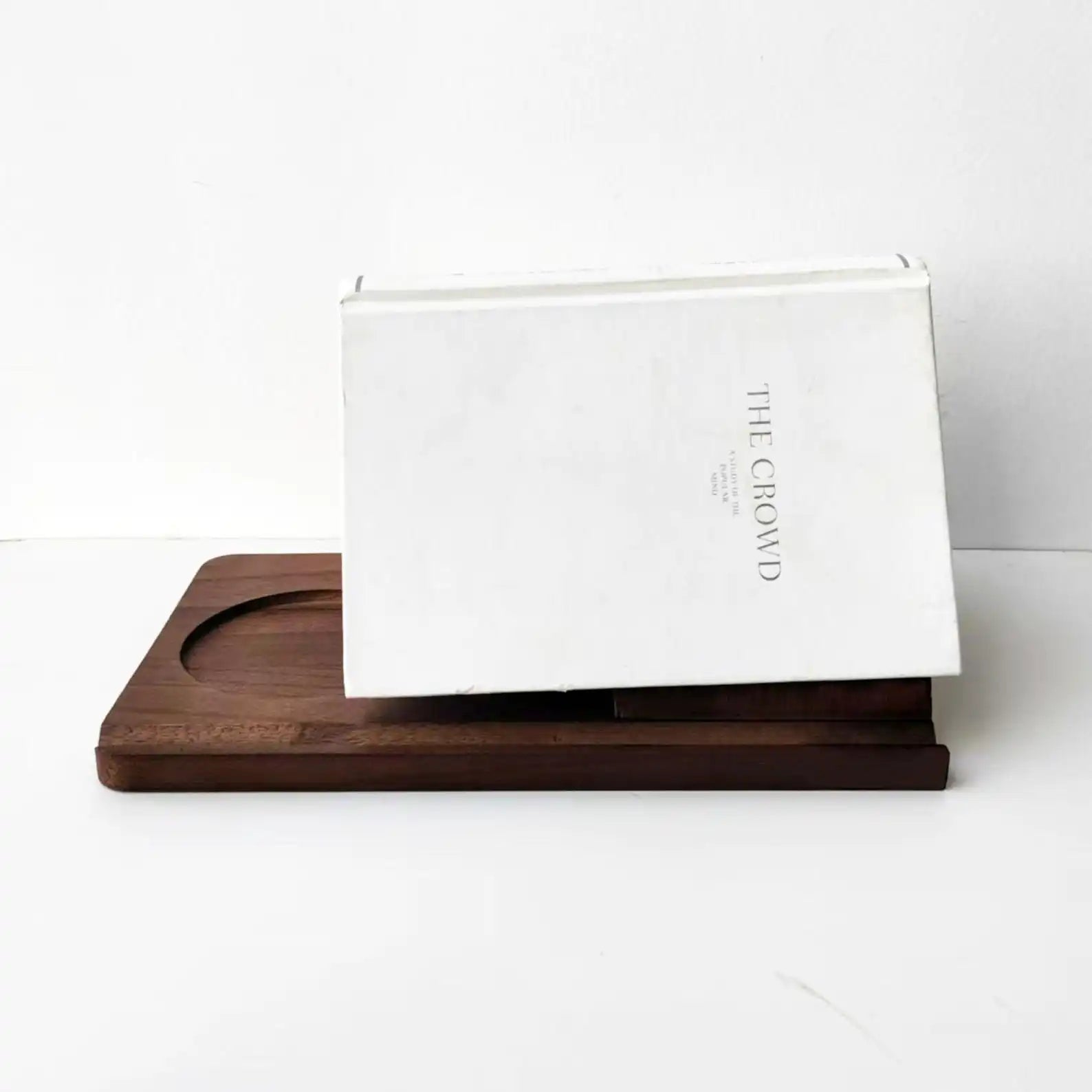 Wooden book stand with cup holder and organizer compartments for cozy reading and desk organization front product shot