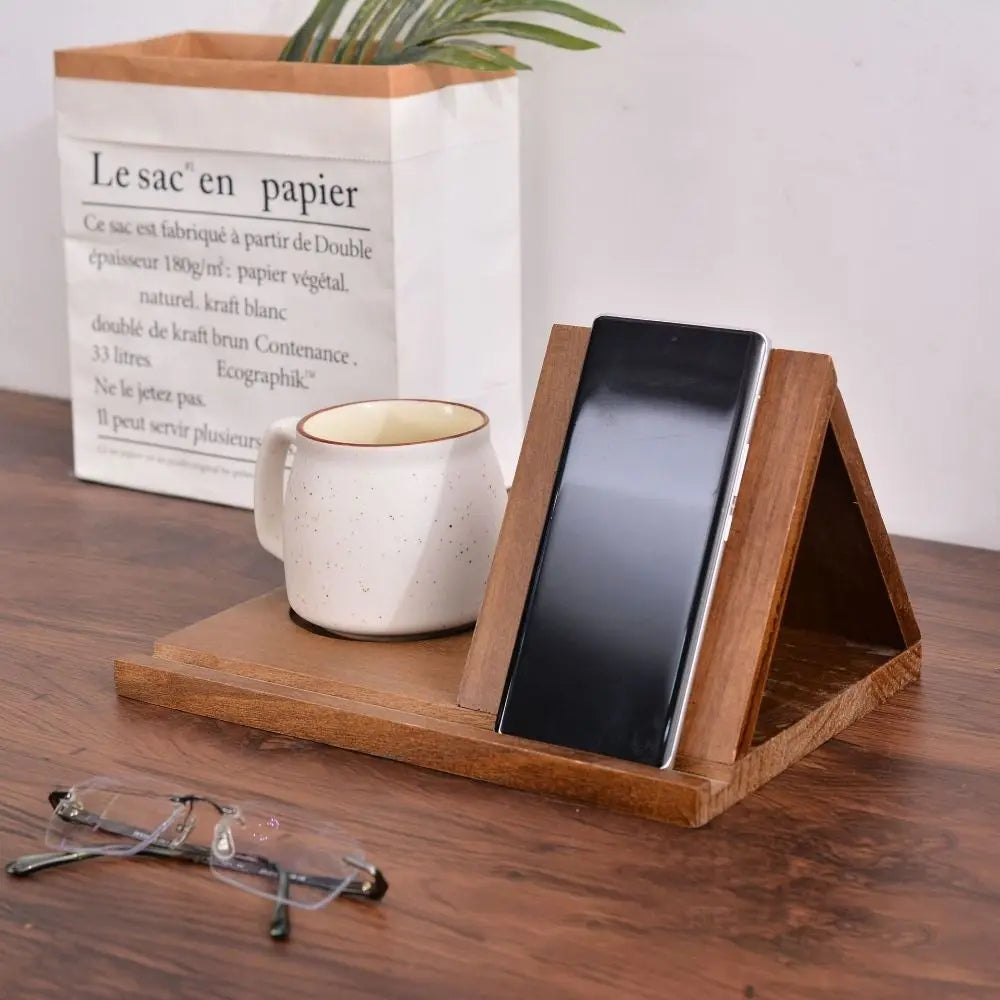 Wooden book stand with cup holder and organizer compartments for cozy reading and desk organization product shot