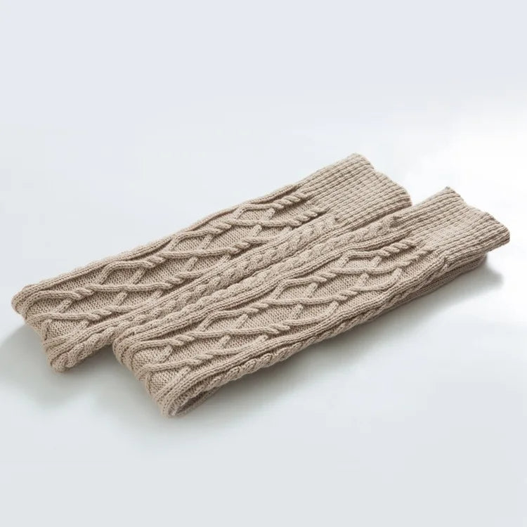 Wool over the knee socks in beige color soft knit thigh high socks for warmth and style model shot (Color: Beige)