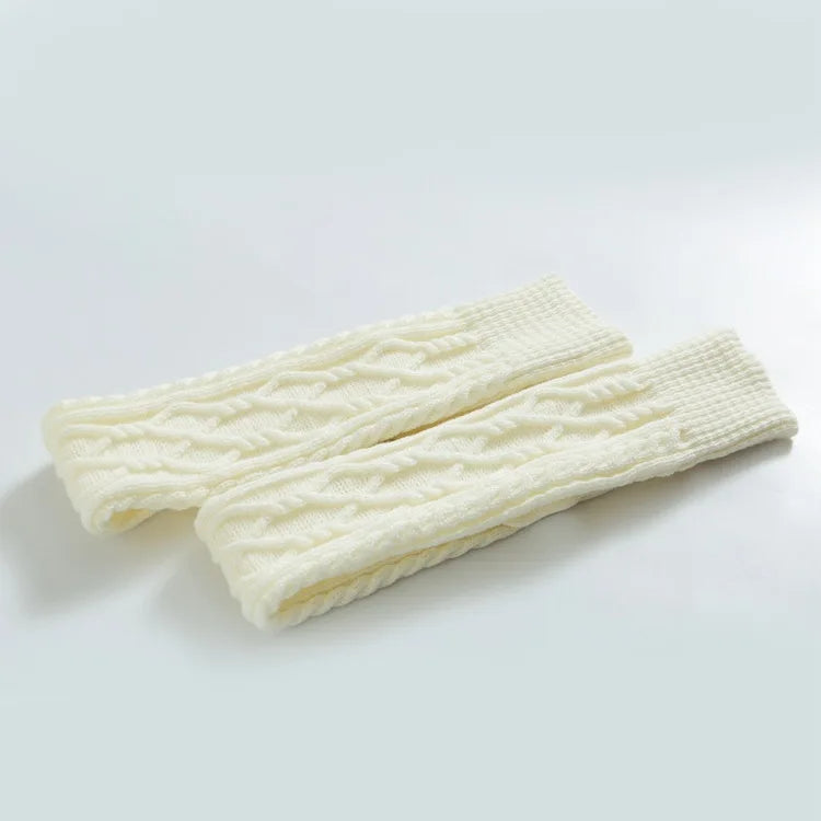 Wool over the knee socks in white color soft knit thigh high socks for warmth and style model shot (Color: White)