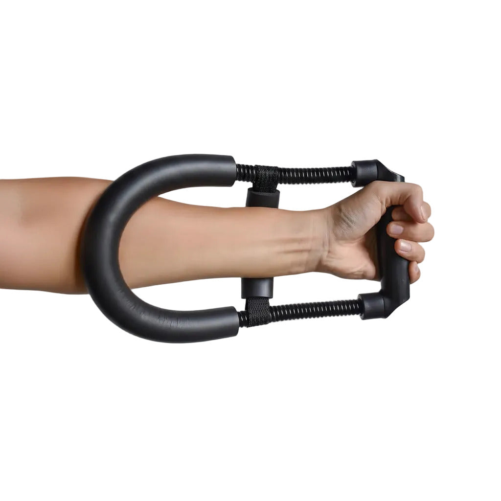 Wrist and forearm trainer for grip strength workouts and resistance exercise training depiction of use