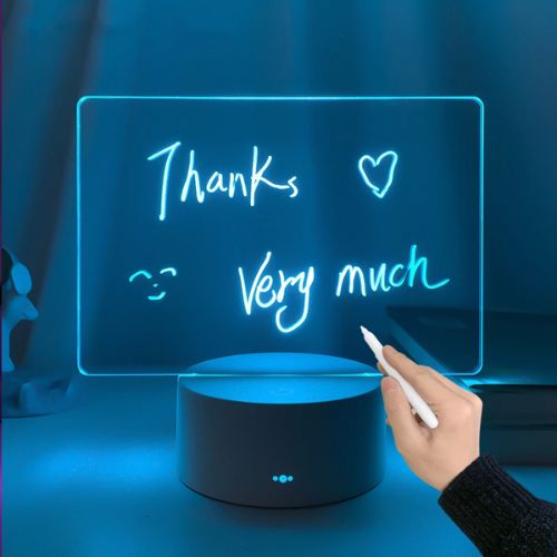 Writable LED night light board with colorful lighting for messages drawings and room decor depiction of message with blue light