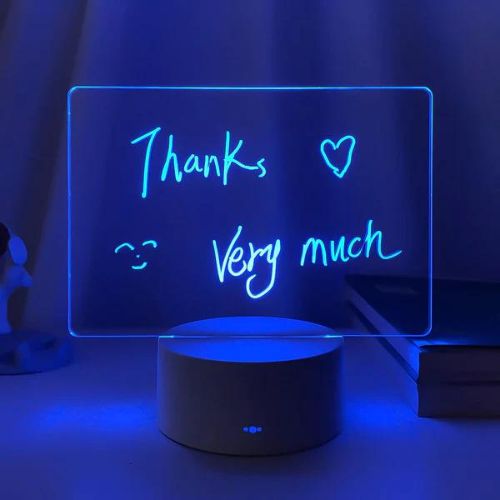 Writable LED night light board with colorful lighting for messages drawings and room decor depiction of message with dark blue light