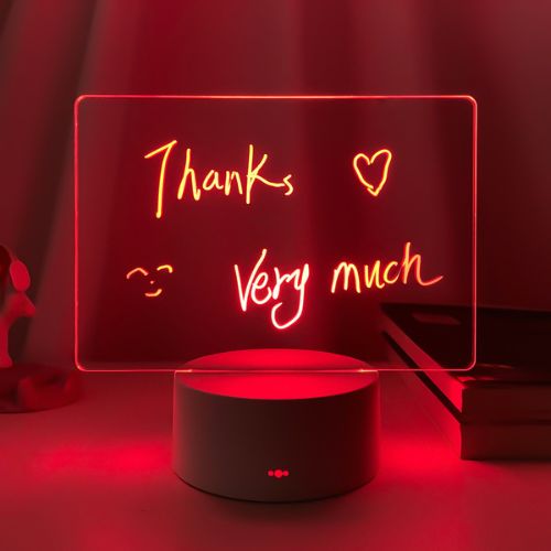 Writable LED night light board with colorful lighting for messages drawings and room decor depiction of message with red light