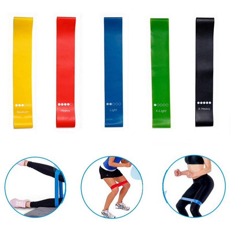 Yoga resistance exercise band designed for strength training, stretching, and home workouts depicting use in three cases