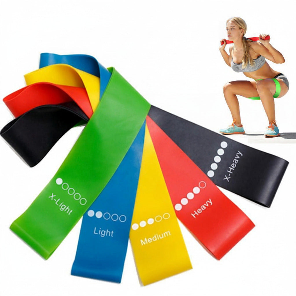 Yoga resistance exercise band designed for strength training, stretching, and home workouts depicting use